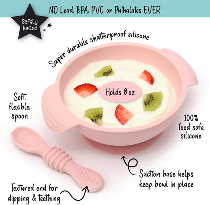 PrimaStella Unbreakable Silicone Non-Slip Bowl and Chew Spoon Set for Babies and Toddlers (Rainbow Swirl)