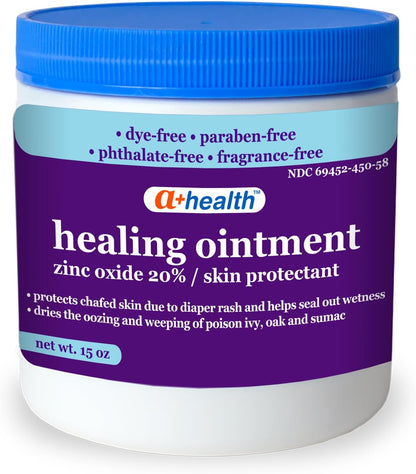 A+Health Healing Ointment Zinc Oxide 20%, Skin Protectant Barrier, 15 Oz Jar, Provides Relief and Treatment of Diaper Rash, Chafed Skin, Poison Ivy, Oak, Sumac for Adults and Babies, Fragrance Free