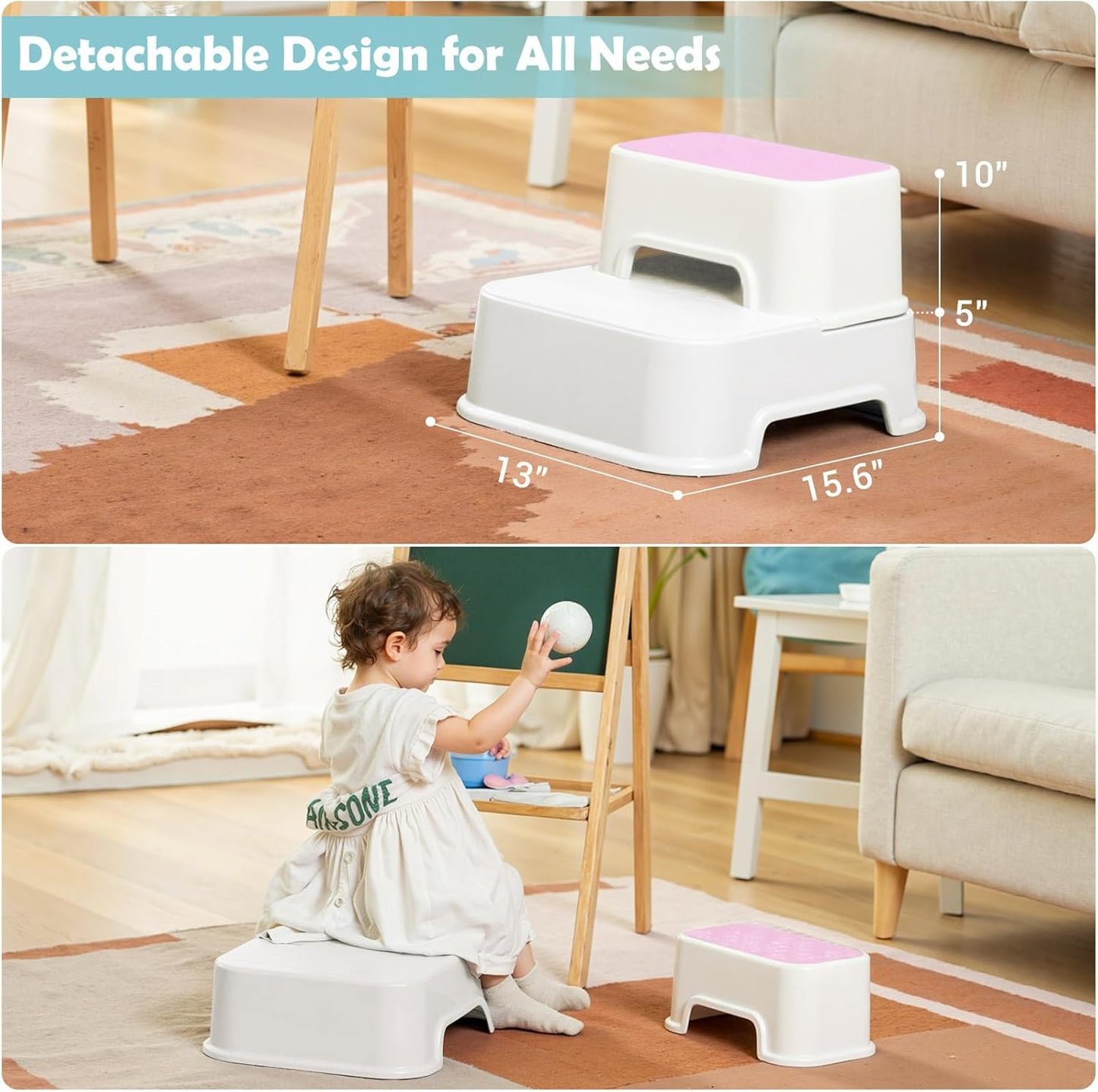 2-Step Toddler Step Stool, Non Slip Kids Step Stool for Bathroom Sink & Toilet Potty Training, Sturdy Stable Base, 10”Height Supports 220 lbs (2Packs White)