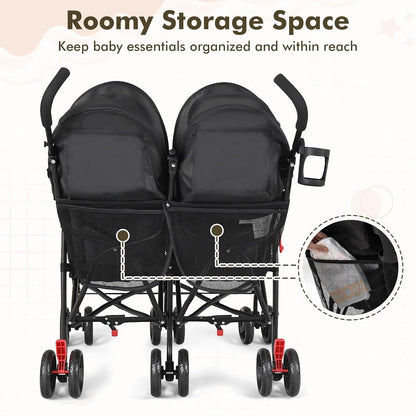 BABY JOY Double Umbrella Stroller, Lightweight Travel Side by Side Twin Stroller with Large Storage, Cup Holder, 5-Point Safety Harness, Adjustable Canopy & Compact Fold for Infant and Toddler (Black)