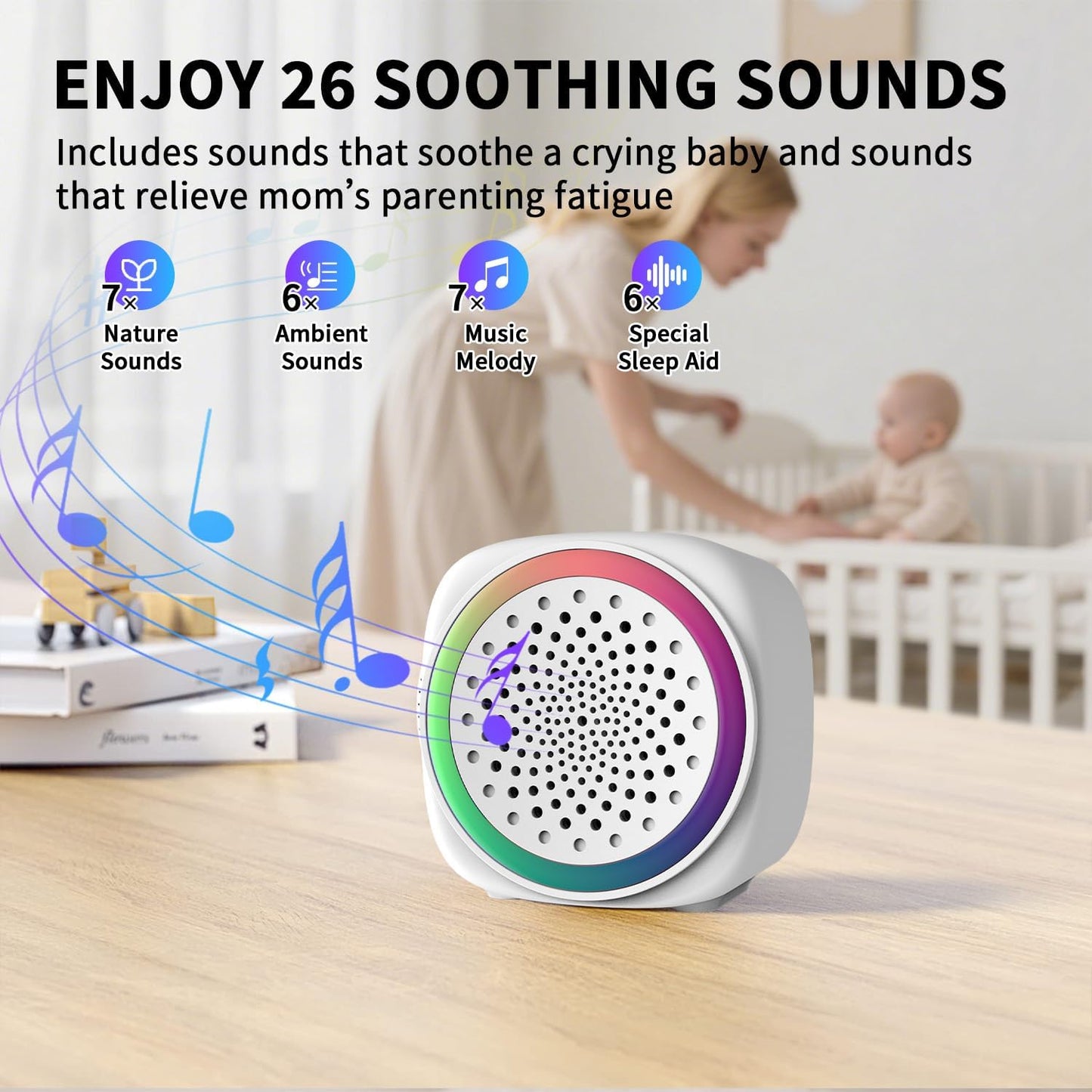 Sleep Better Anywhere–Portable White Noise Machine for Baby & Adults – 26 Non-Looping Sounds, Travel Sleep Sound Machine with Night Light, Timer, Compact for Bedroom, Office, Camping, Cruise