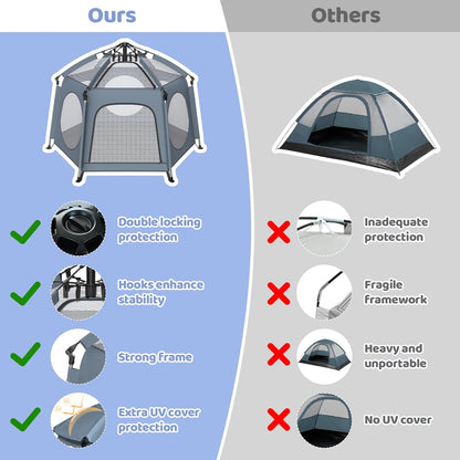 Pop Up Playpen for Baby - Instant Setup Portable Playard with UV Canopy & Mosquito Net - Indoor Outdoor Travel Crib with Carry Bag Grey