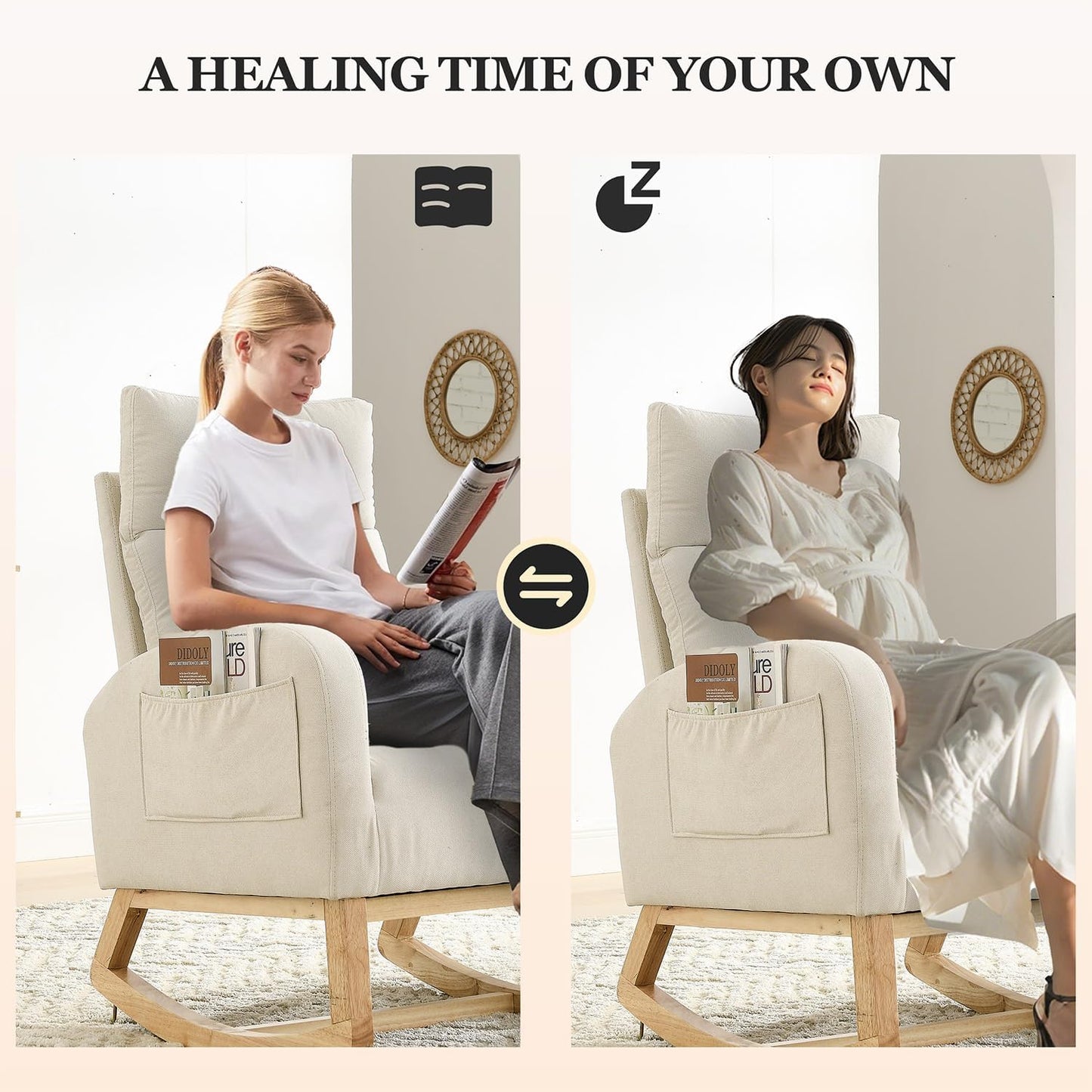 Rocking Chair Nursery, Glider Chair with High Back and Side Pocket, Solid Wood Frame Armchair with Non-Slip Padding for Nursery, Living Room, Bedroom (Ivory)