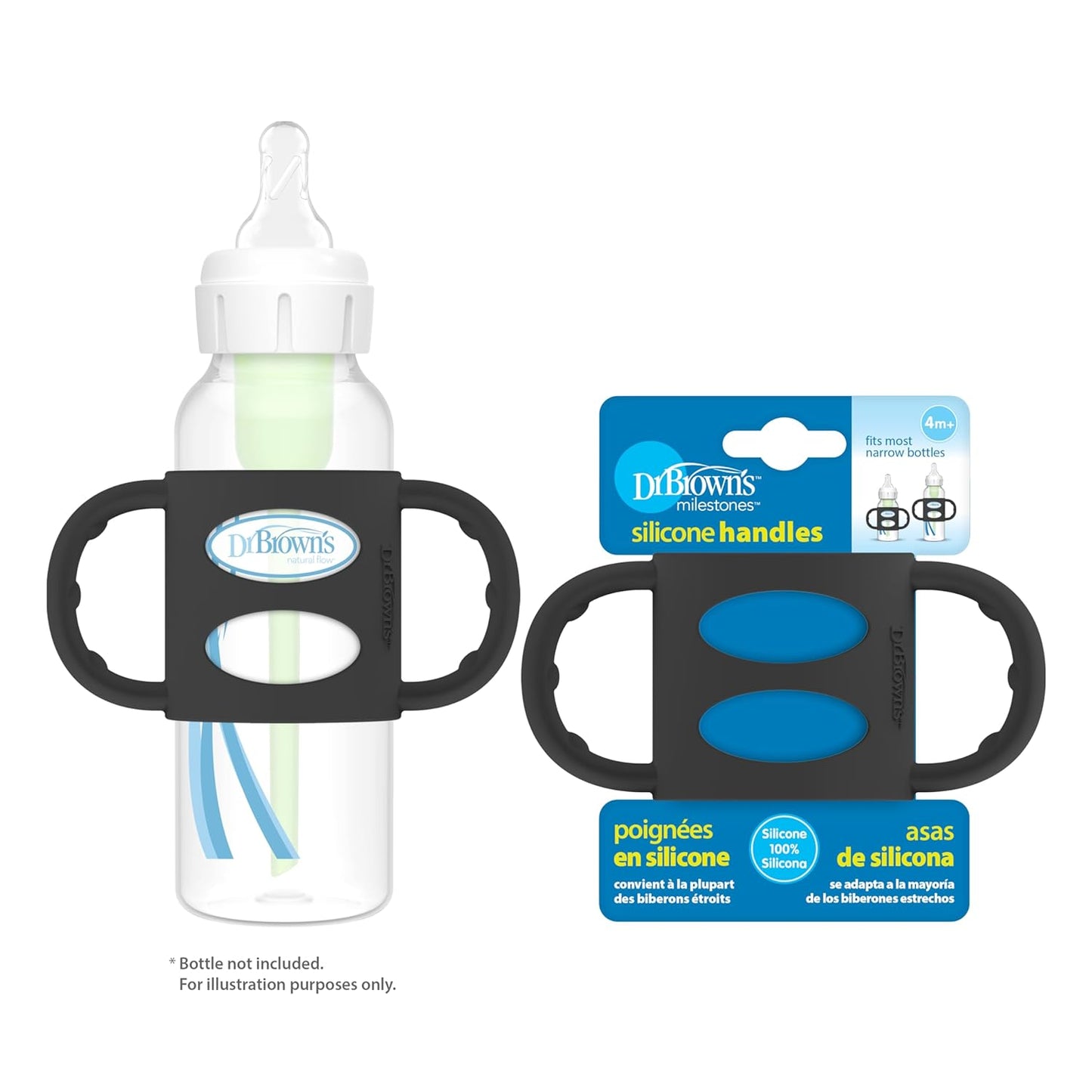 Dr. Brown's Narrow Baby Bottle Handles, 100% Silicone, Easy Grip Removable Handles for Bottle to Sippy Cup Transition, Blue, 4m+