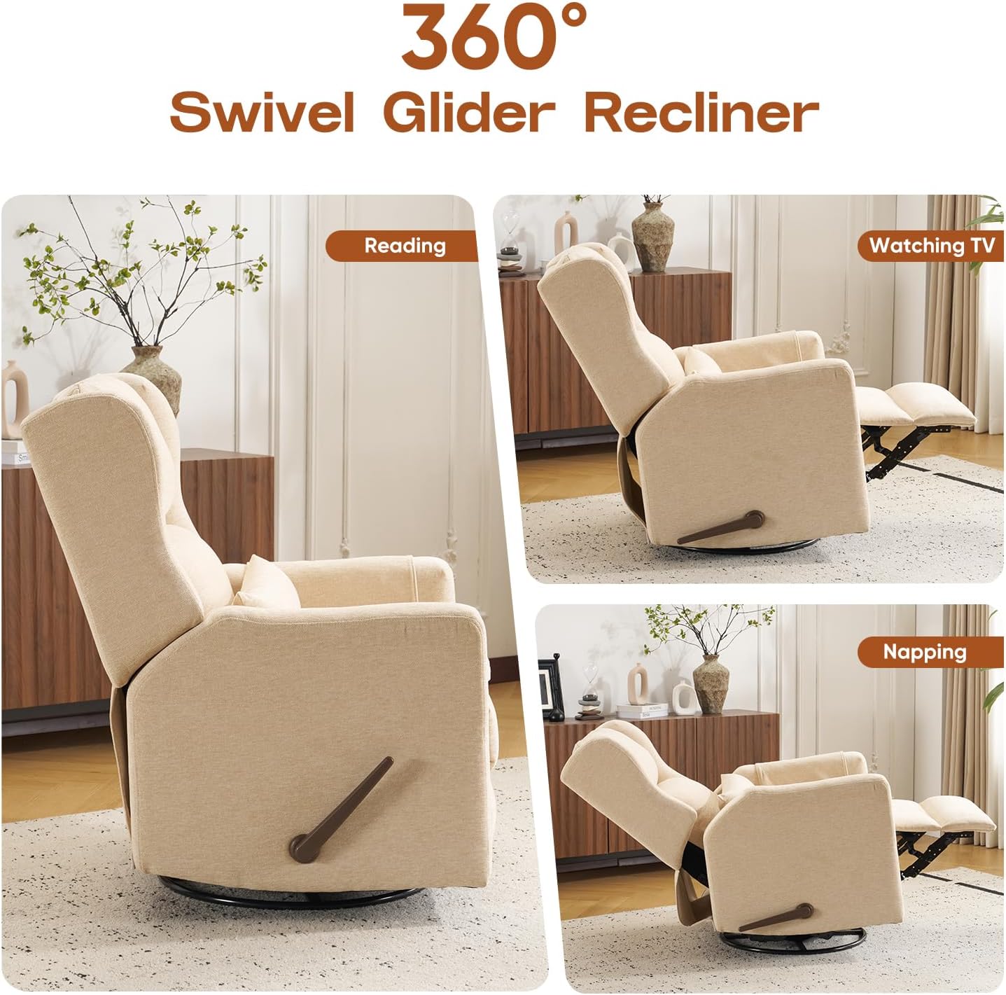 Power Recliner Chair Swivel Glider with Adjustable Headrest，Oversized Swivel Rocker Recliner with Lumbar Support, Upholstered Nursery Glider Recliner for Living Room,White