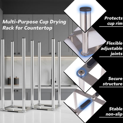 Water Bottle Drying Rack, Cup Drying Rack for Counter, Stainless Steel Tumbler Dryer Stand, Space-Saving Mug & Glass Drying Rack, Heavy-Duty Holder for Cups & Water Bottles (Silver – 7 Pegs)