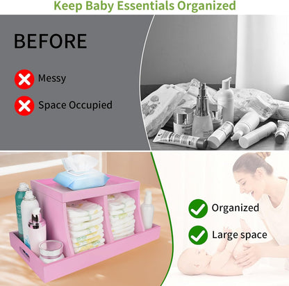 Diaper Caddy Organizer, Changing Table Organizer, Wooden Diaper Organizer for Nursery, Baby Diaper Storage Organizer with Removable Dividers (Brown, Rectangular Size)