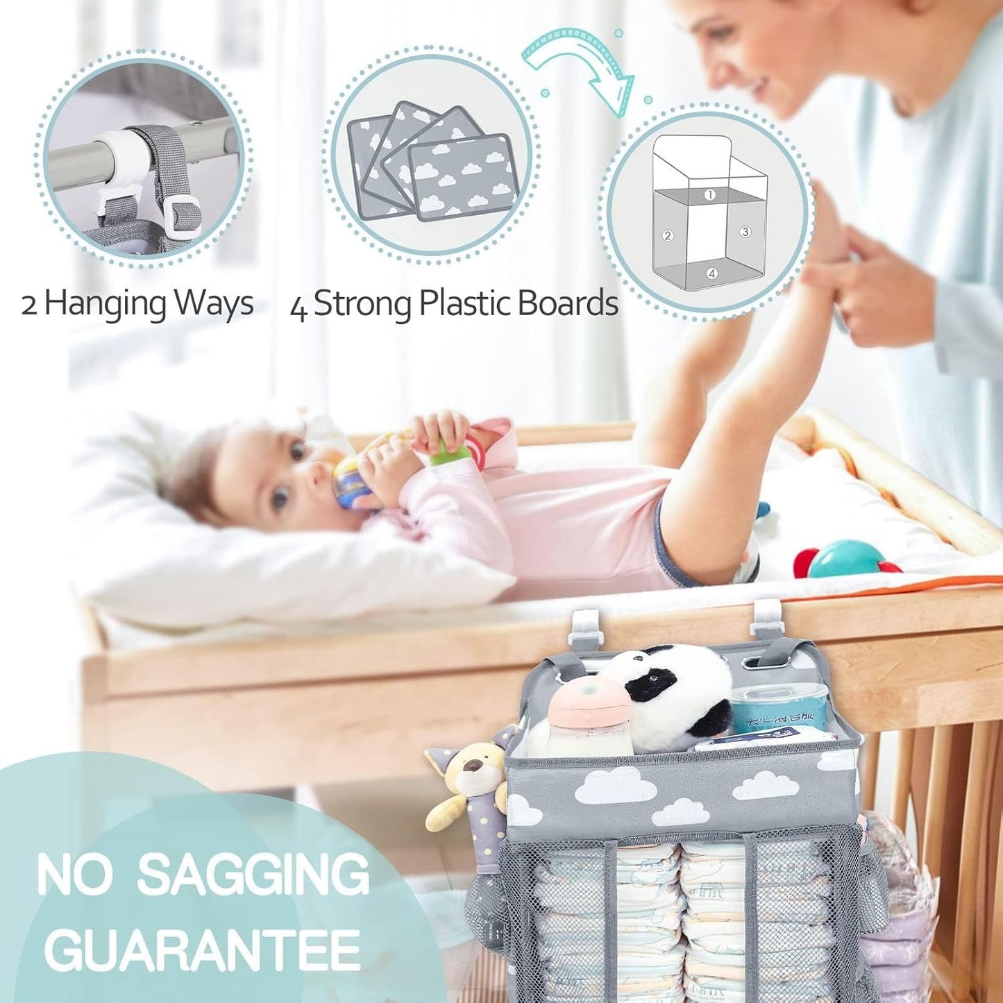 Baby Diaper Caddy Organizer with Cloud Print, Multi-Compartment Nursery Storage Bag with Adjustable Straps, Portable Diaper Stacker for Stroller, Car, Travel, Nursery (Grey)