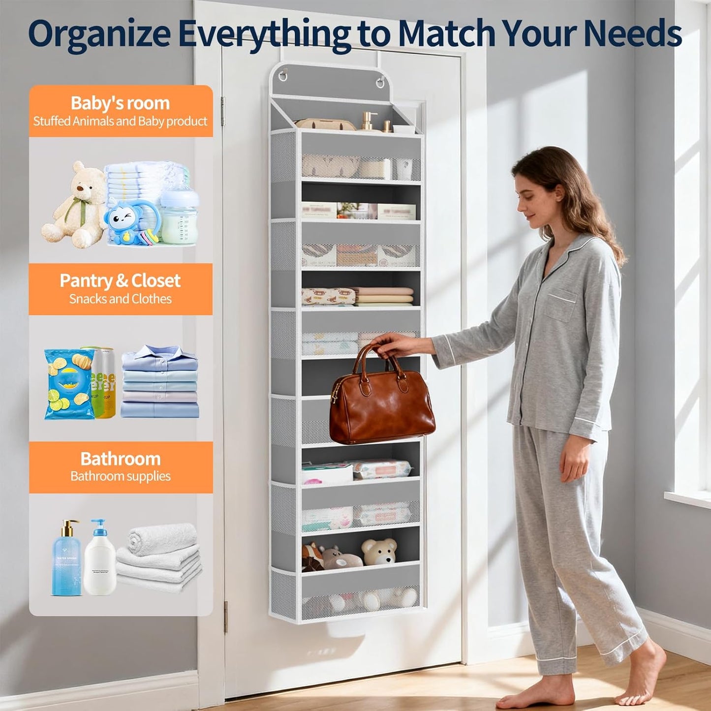 Yecaye 1 Pack Over the Door Organizer, 35.2lbs Load Toy Stuffed Animal Storage, Swing-proof Hanging Bathroom Organizers and Storage for Nursery Newborn Baby Essential Stuff Dorm Room Essentials
