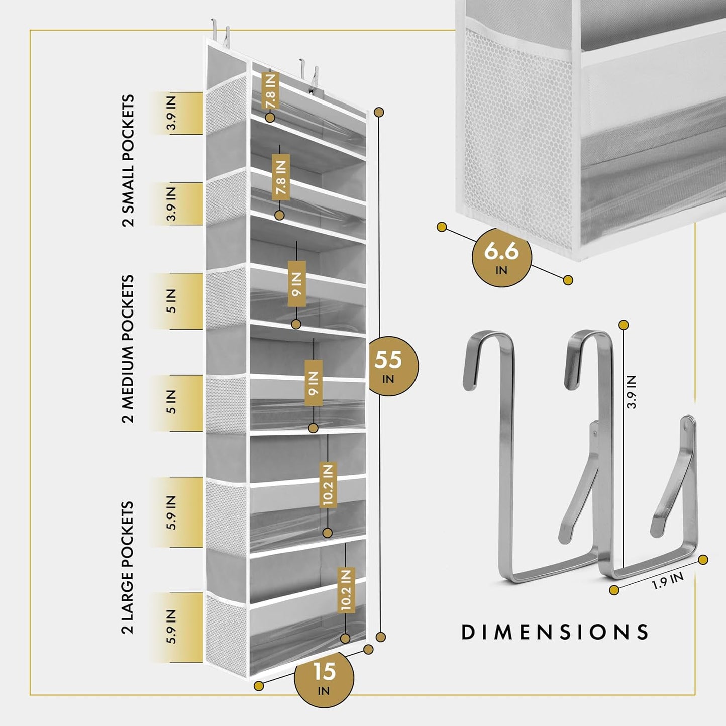 HOMELUX THEORY UPGRADED 6 Tiers Over The Door Organizer Hanging - 100D EXTRA THICK & 50lbs HUGE CAPACITY, 12 Side Mesh Pockets Over The Door Shoe Organizer, Hanging Closet Organizer (Ivory, 1pc)