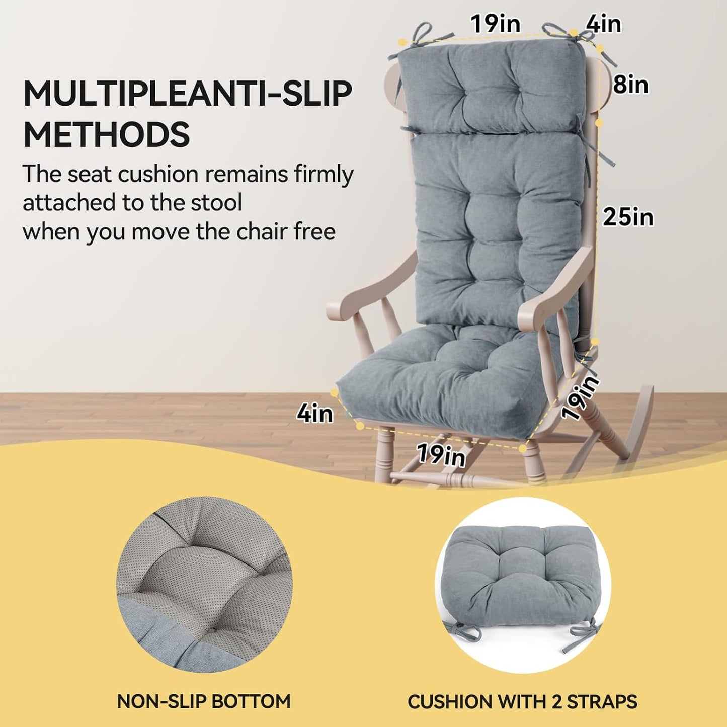 Millsilo Rocking Chair Cushions 3-Piece Set with Neck Pillow, Indoor Rocker Comfortable Tufted Non-Slip Pads with Ties, High-Density Foam Cushion for Adirondack Glider Chair, Orange, 52 x 19 x 4 Inch