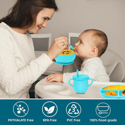 100% Silicone Baby Feeding Set, BPA Free Baby Dishes with Suction Bowl, Divided Plate, Toddler Self Feeding Dish Set with Spoons, Forks, Sippy Cup and Bib, Baby Eating Utensils (Navy Blue)
