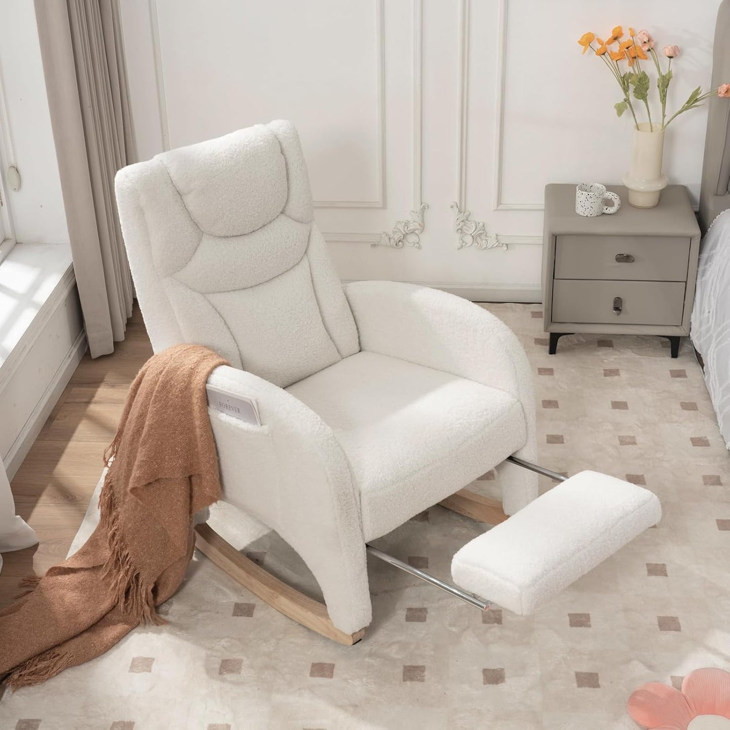 Rocking Chair Nursery with Foot Rest,Upholstered Teddy Glider Rocker with Wood Legs, Nursing Rocking Chair for Living Room/Nursery,Pink