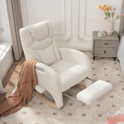 Rocking Chair Nursery with Foot Rest,Upholstered Teddy Glider Rocker with Wood Legs, Nursing Rocking Chair for Living Room/Nursery,Pink