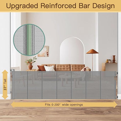 Reinforced 200 Inch Extra Long Baby Gate For Large Opening to Prevent Crawling Under, 16 ft Retractable Dog Gate for Doorway Extra Wide, Outdoor/Indoor Retractable Baby Fence to Separate Playroom,Gray