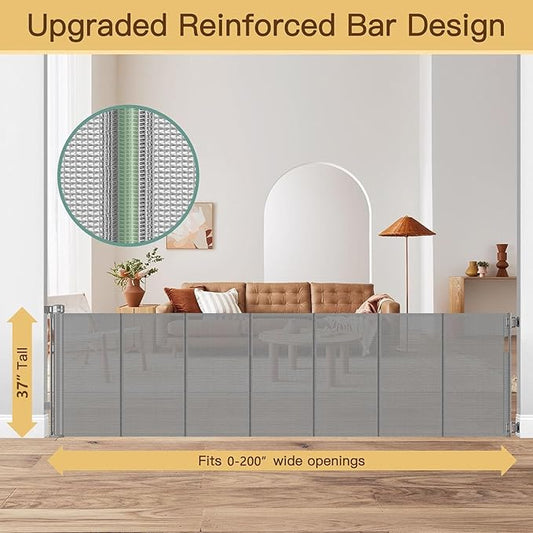 Reinforced 200 Inch Extra Long Baby Gate For Large Opening to Prevent Crawling Under, 16 ft Retractable Dog Gate for Doorway Extra Wide, Outdoor/Indoor Retractable Baby Fence to Separate Playroom,Gray