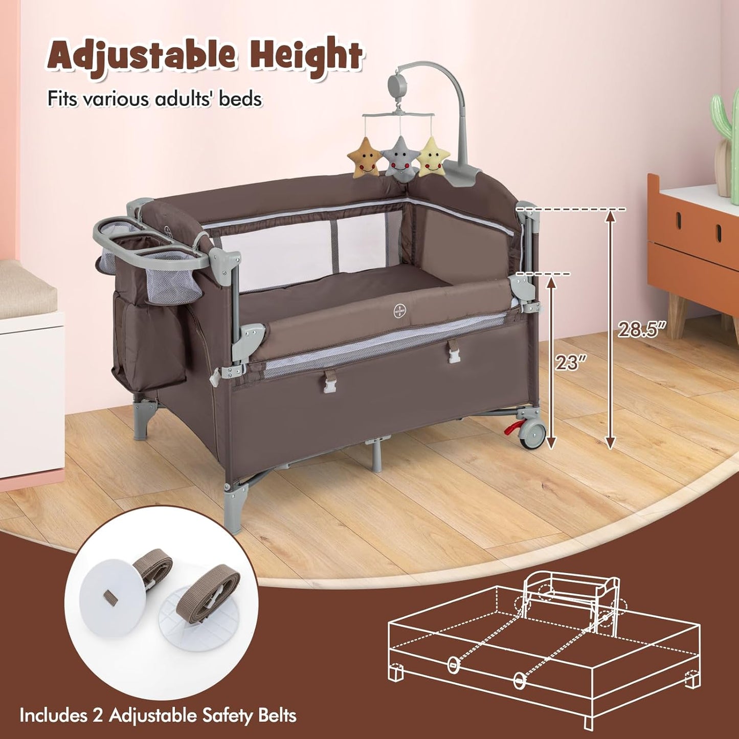 HONEY JOY Pack and Play with Bassinet, 5-in-1 Baby Bedside Sleeper w/Diaper Changing Table & Storage Bag, Toy Arch & Music Box, Detachable Side Rail, Portable Baby Play Yard w/Carry Bag(Gray)