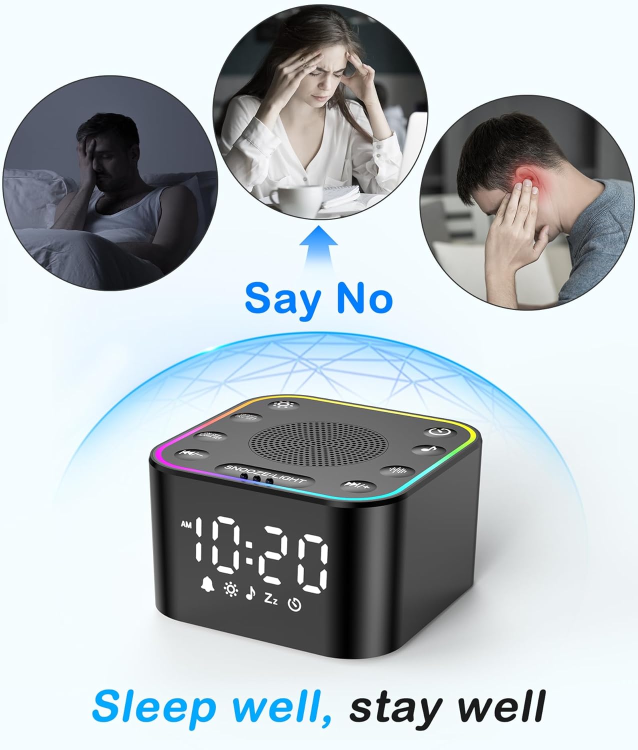 Sound Machine with Alarm Clock: 30 Non-Looping Sleep Sounds - White Noise Alarm Clock for Natural Wake Up - Adjustable Volume & Light, Memory Function, Sleep Timer (Black)