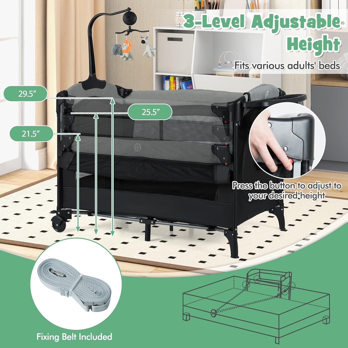 HONEY JOY Baby Bedside Sleeper, 6-in-1 Pack and Play w/Infant Bassinet, Diaper Changing Table & Portable Play Yard, 3 Adjustable Heights, Music Box & Side Storage Bag, Carry Bag(Black)