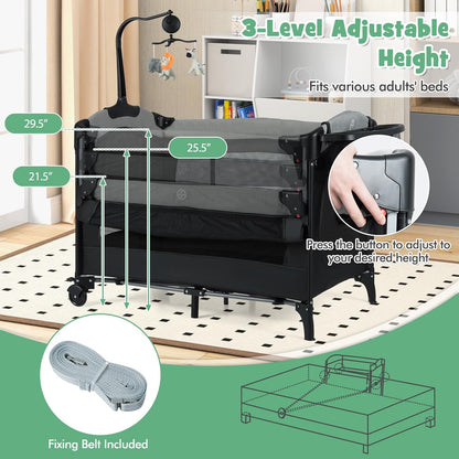 HONEY JOY Baby Bedside Sleeper, 6-in-1 Pack and Play w/Infant Bassinet, Diaper Changing Table & Portable Play Yard, 3 Adjustable Heights, Music Box & Side Storage Bag, Carry Bag(Black)