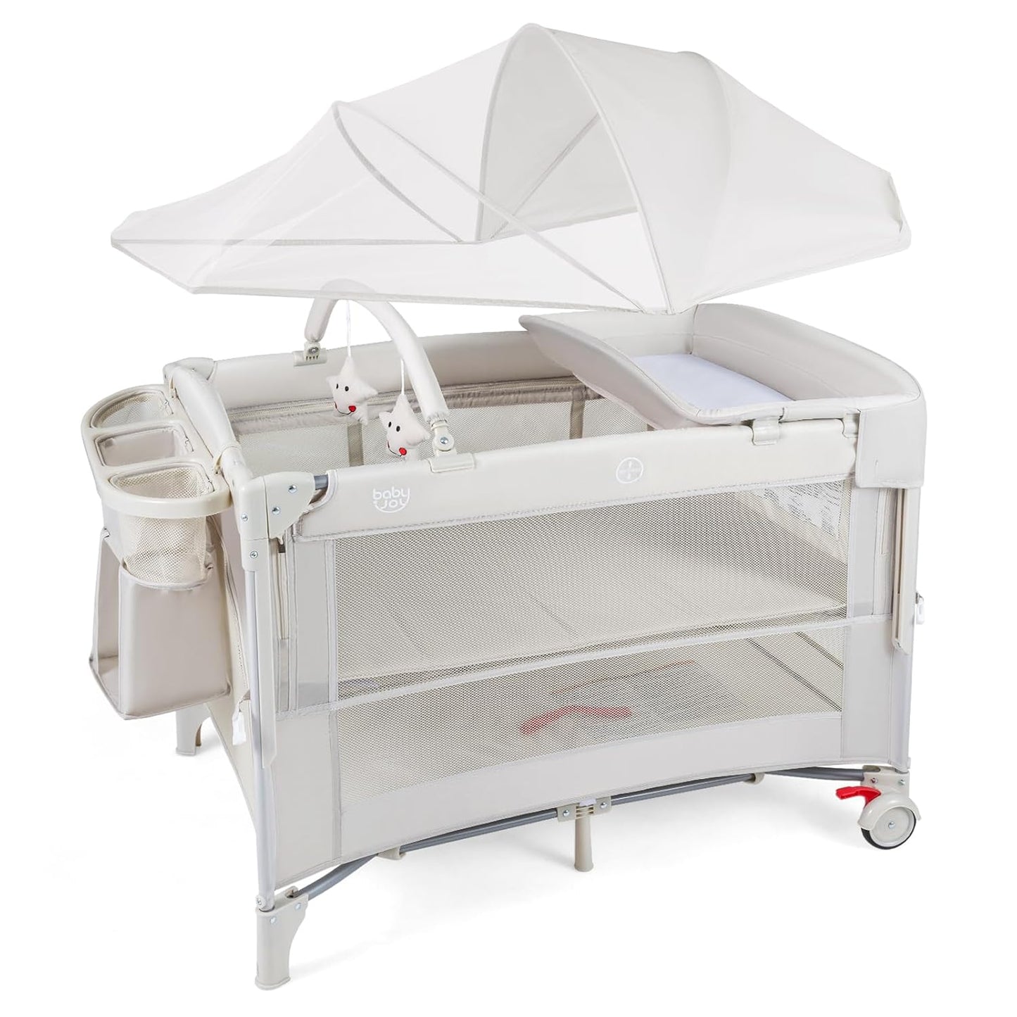 BABY JOY 5-in-1 Pack and Play with Canopy, 4 Level Heights Baby Bedside Sleeper w/Bassinet, U-Shaped Changing Table, Safety Strap, Side Zipper, Portable Bedside Crib Playard from Newborn to Toddlers