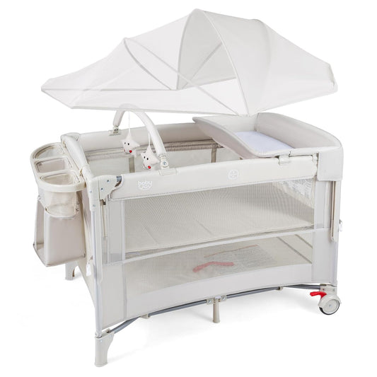 BABY JOY 5-in-1 Pack and Play with Canopy, 4 Level Heights Baby Bedside Sleeper w/Bassinet, U-Shaped Changing Table, Safety Strap, Side Zipper, Portable Bedside Crib Playard from Newborn to Toddlers