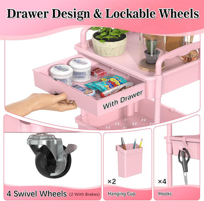 SUNALLY 3 Tier Rolling Cart with Drawer, Bathroom Storage Organizer with 2 Lockable Wheels, Multifunctional Rolling Storage Cart for Bathroom, Kitchen, Office, Craft, Makeup, Baby Essentials, White