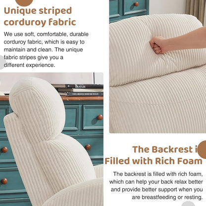 Swivel Rocker Recliner Chair, Rocking Recliner for Nursery with Side Pockets, Manual Swivel Reclining Nursery Glider Chair for Breastfeeding Living Room, Camel Chenille