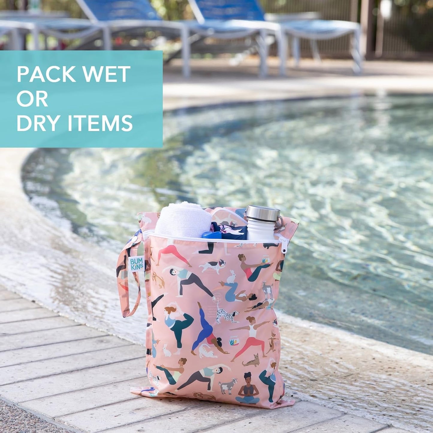 Bumkins Roamio Waterproof Wet Bag for Baby, Travel, Swim Suit, Cloth Diapers, Pump Parts, Pool, Beach, Gym Clothes, Toiletry, Hook to Stroller, Daycare, Zip Reusable Wetdry Packing Pouch, Multi Check - Colors A