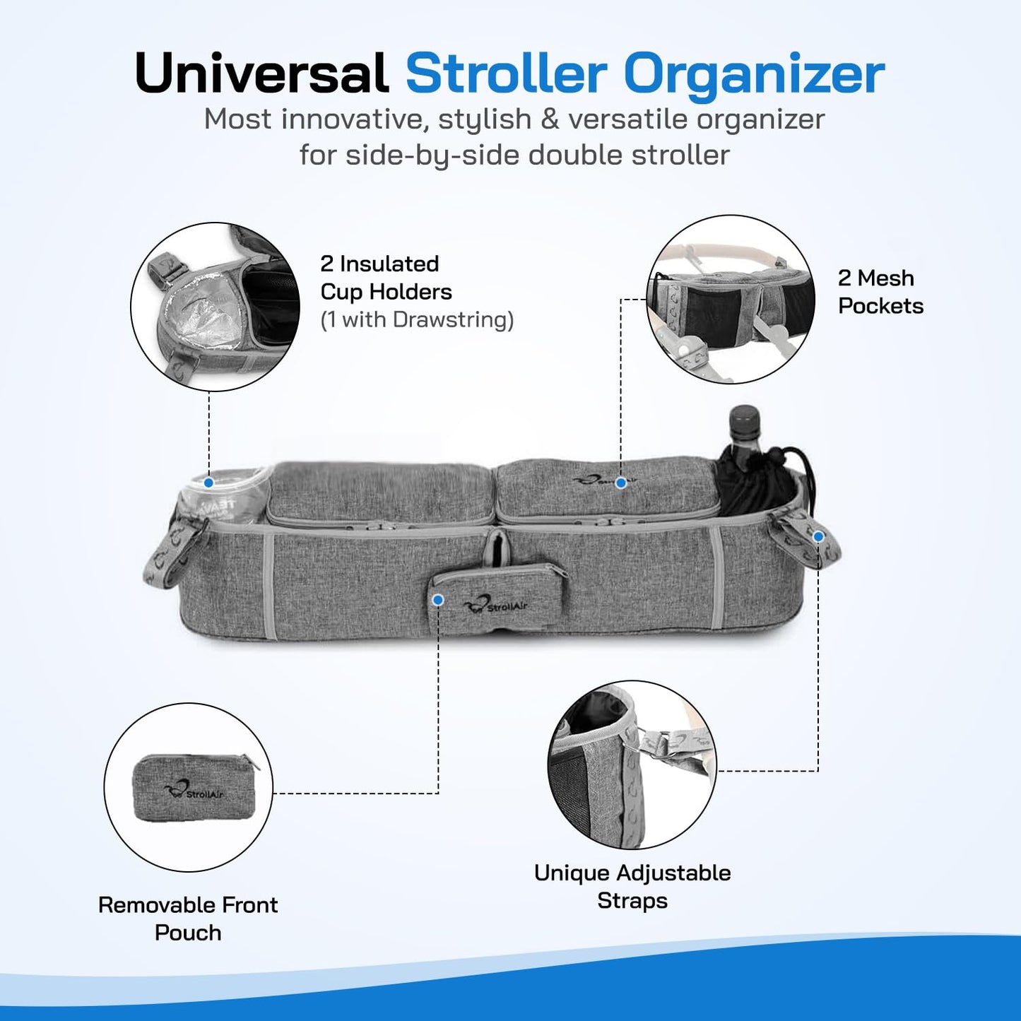 StrollAir - Universal Best Double Parent Stroller Organizer Caddy Insulated Cup Holder Console side-by-side Mountain Buggy TWIN WAY Bob Duallie Baby Jogger City Mini GT – Black