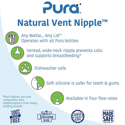 Pura Infant Bottle Nipple 2-Pack - Medical-Grade Silicone, Anti-Colic, Slow Flow, BPA-Free