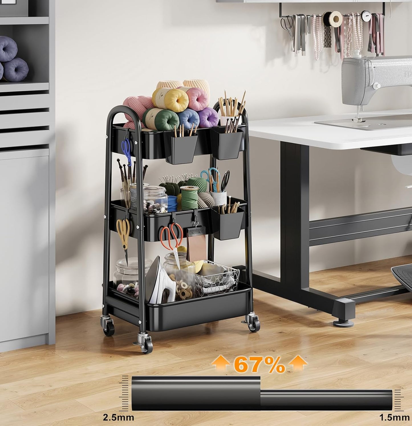 Beige 3 Tier Rolling Cart Metal on Wheels, Three Tiered Storage Organizer Utility Trolley with Wheels for Art, Craft, Baby Diaper Caddy, Snack, Book, Nail, Lash, Cleaning Supplies, Kitchen, Bathroom