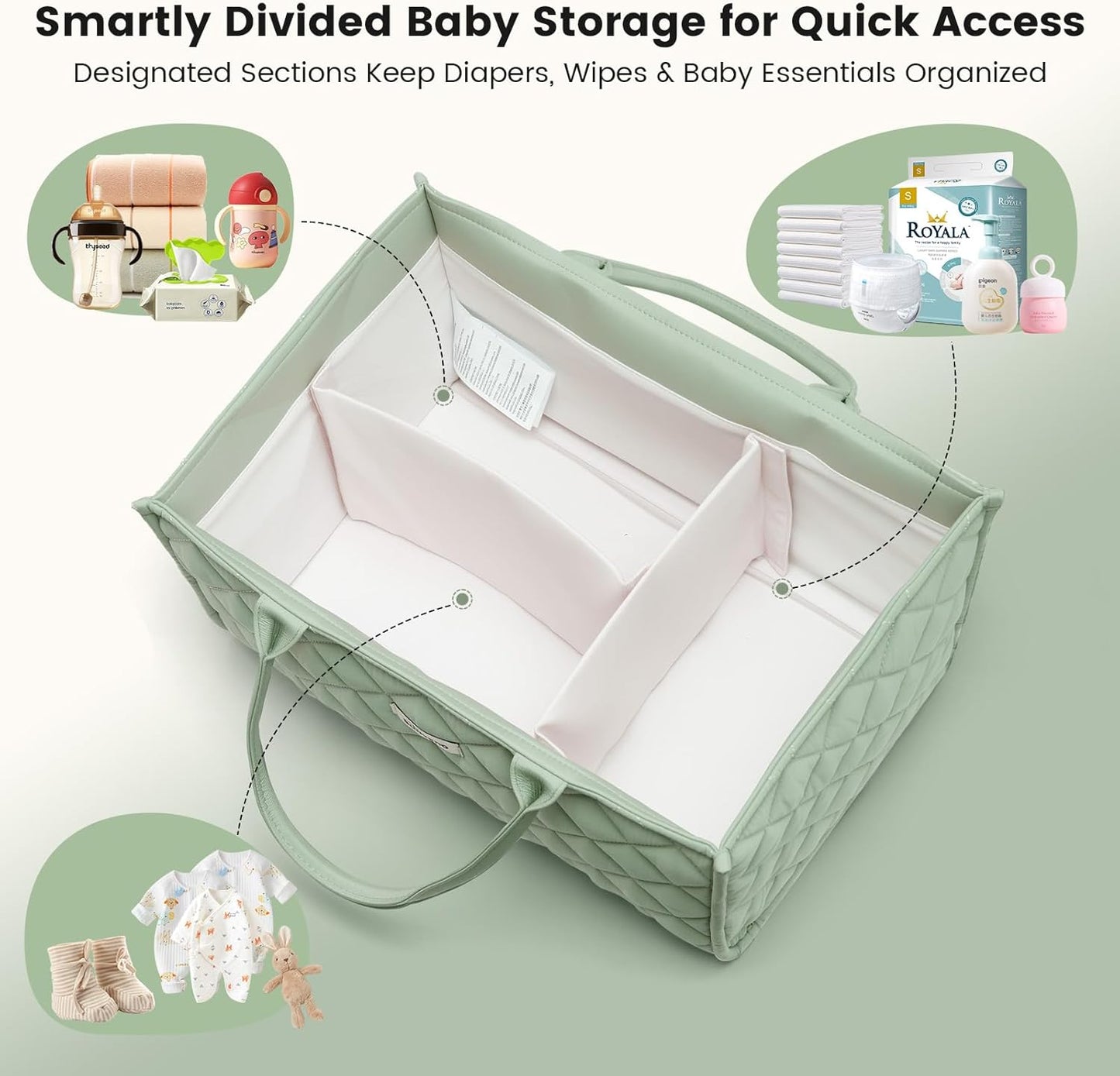 SUNVENO Quilted Diaper Caddy Organizer, Soft Padded Baby Diaper Caddy with Removable Dividers, Large Nursery Storage Basket for Diapers, Wipes and Baby Essentials, Portable Nursery Organizer, Brown
