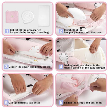 Baby Lounger for Newborns & Infants 0–24 Months, 100% Cotton Breathable Infant Support Cushion with Adjustable Size, Portable Baby Nest for Home and Travel, Baby Shower Gift (Rain Cloud)