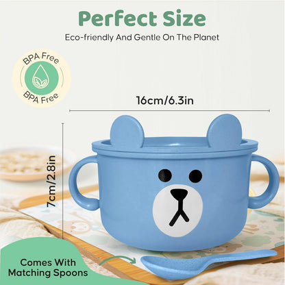 Unbreakable Bowls for Babies & Toddlers with Spoon and Lid, Eco-Friendly Wheat Straw, Stay Put Suction, BPA-Free, Microwave & Dishwasher Safe, Lightweight, No Soap Taste (Blue&White)