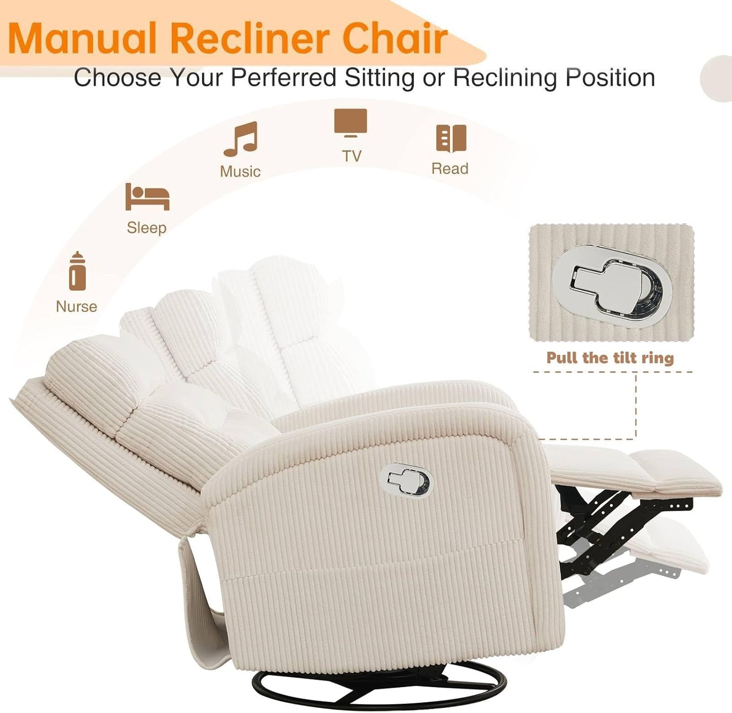 Power Swivel Rocker Recliner Chair for Nursery, Swivel Reclining Rocking Chairs, Electric Glider for Living Room, Upholstered Recliner Chairs for Bedroom, Corduroy White