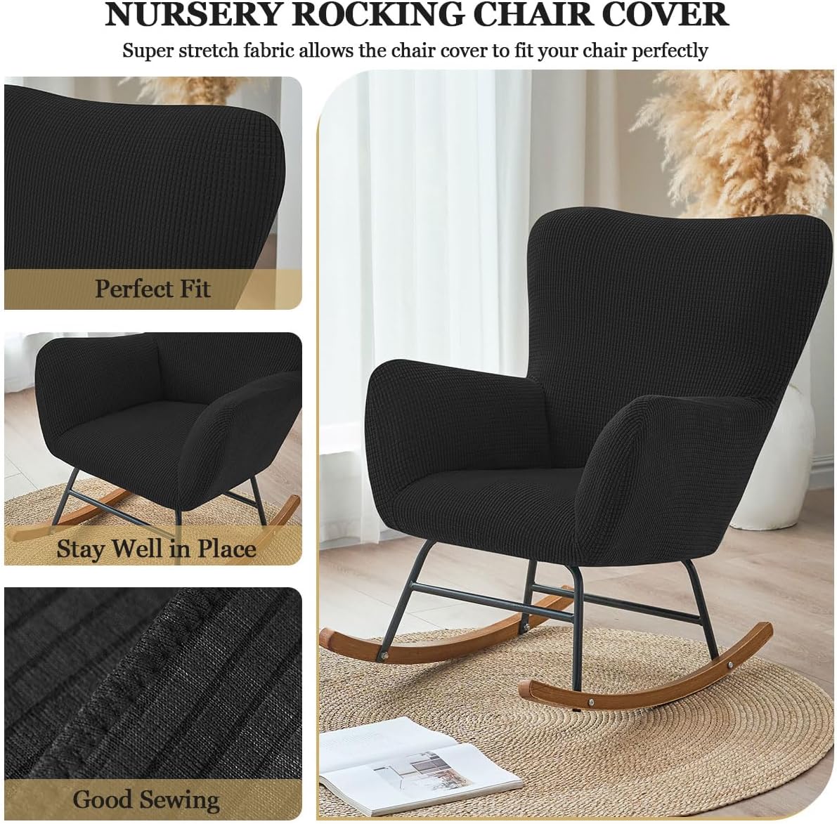 Levoberg Nursery Rocking Chair Cover Stretch Rocker Glider Chairs Cover Slipcovers Jacquard Rocking Accent Chair Cover Recliner Armchair Slipcover for Nursery Living Room Bedroom Office Black
