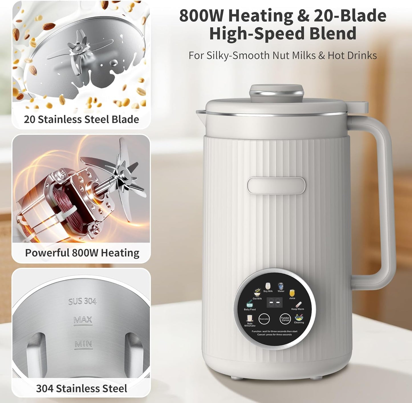ANHANE 35oz Soy Milk Maker Machine: 8-in-1 Nut Milk Maker for Oat Milk, Vegan Drinks, Baby Food Blender - Plant-Based Milk Machine with Stainless Steel, LED Touch, Auto Shutoff (Green)