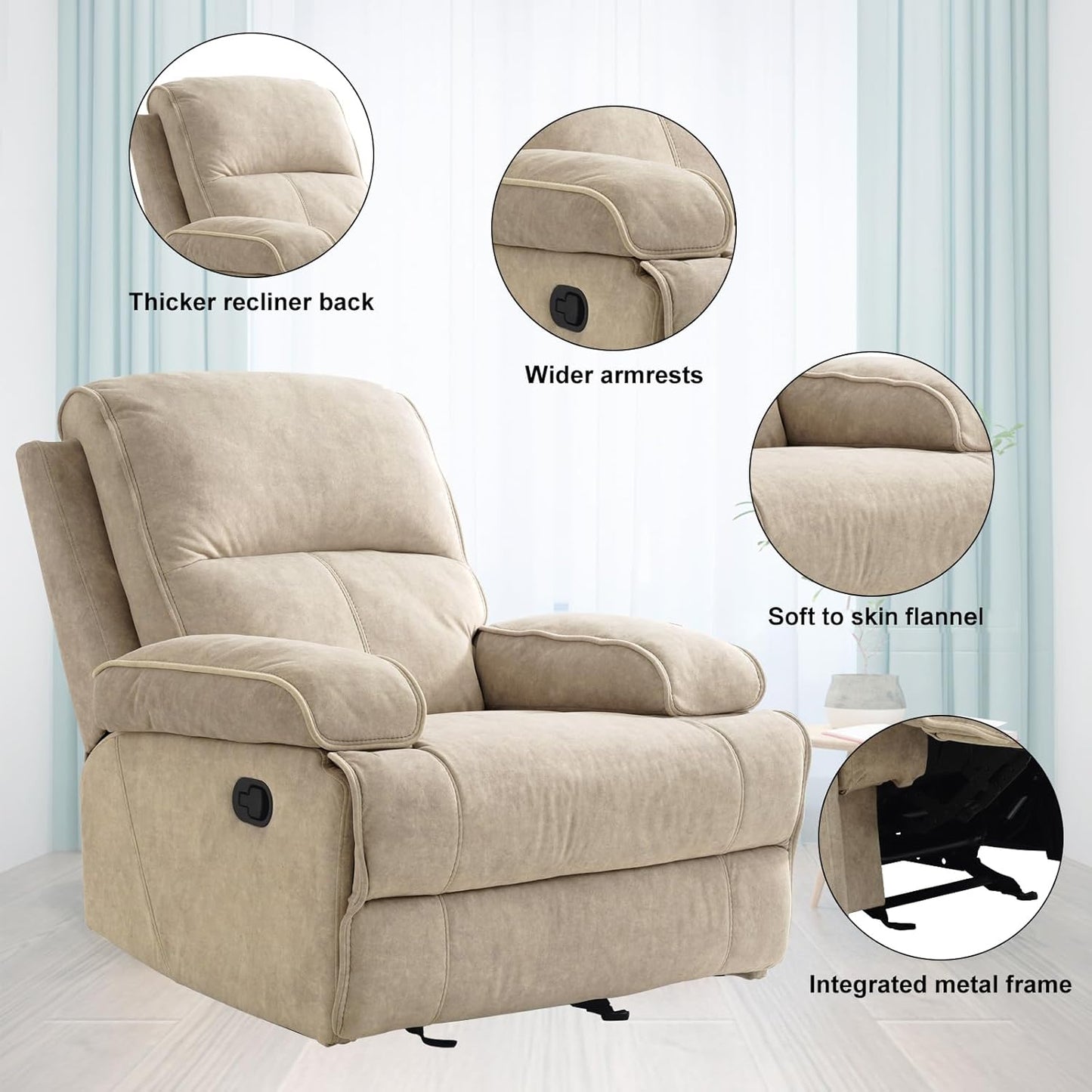 Swivel Rocker Recliner Chair for Adults, High Back Fabric Recliner with Deep Seat, Manual Glider for Living Room & Nursery, Grey