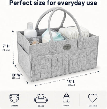 Baby Diaper Caddy Organizer for Nursery – Large Felt Storage Basket for Baby Essentials, Wipes & Diapers – Portable Nursery Organizer Bin for Changing Table or Living Room Light Grey