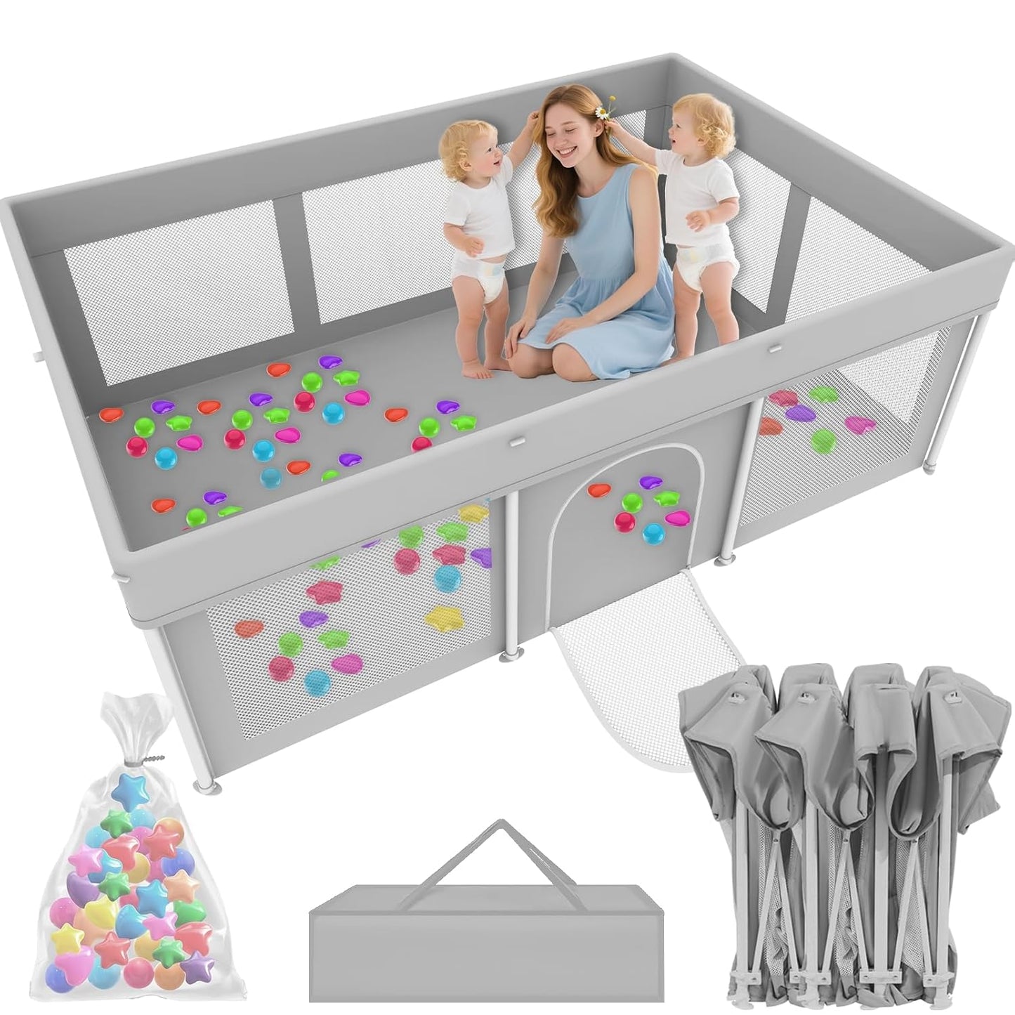 Foldable Large Baby Playpen 71"×71", Portable Playard for Babies & Toddlers, Lightweight Safety Baby Fence, No Installation, Indoor & Outdoor Playpen with 150 Ocean Balls, Beige