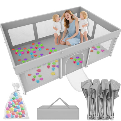 Foldable Large Baby Playpen 71"×71", Portable Playard for Babies & Toddlers, Lightweight Safety Baby Fence, No Installation, Indoor & Outdoor Playpen with 150 Ocean Balls, Beige