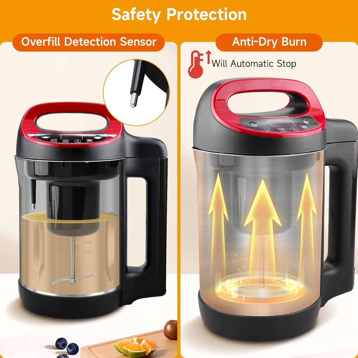 Homtone 1.6L Soup Maker Machine, Stainless Steel Soup Maker Blender with Smooth & Chunky Settings, Anti-Dry Burn, Overfill Sensors, Ideal for Quick Soups, Baby Food