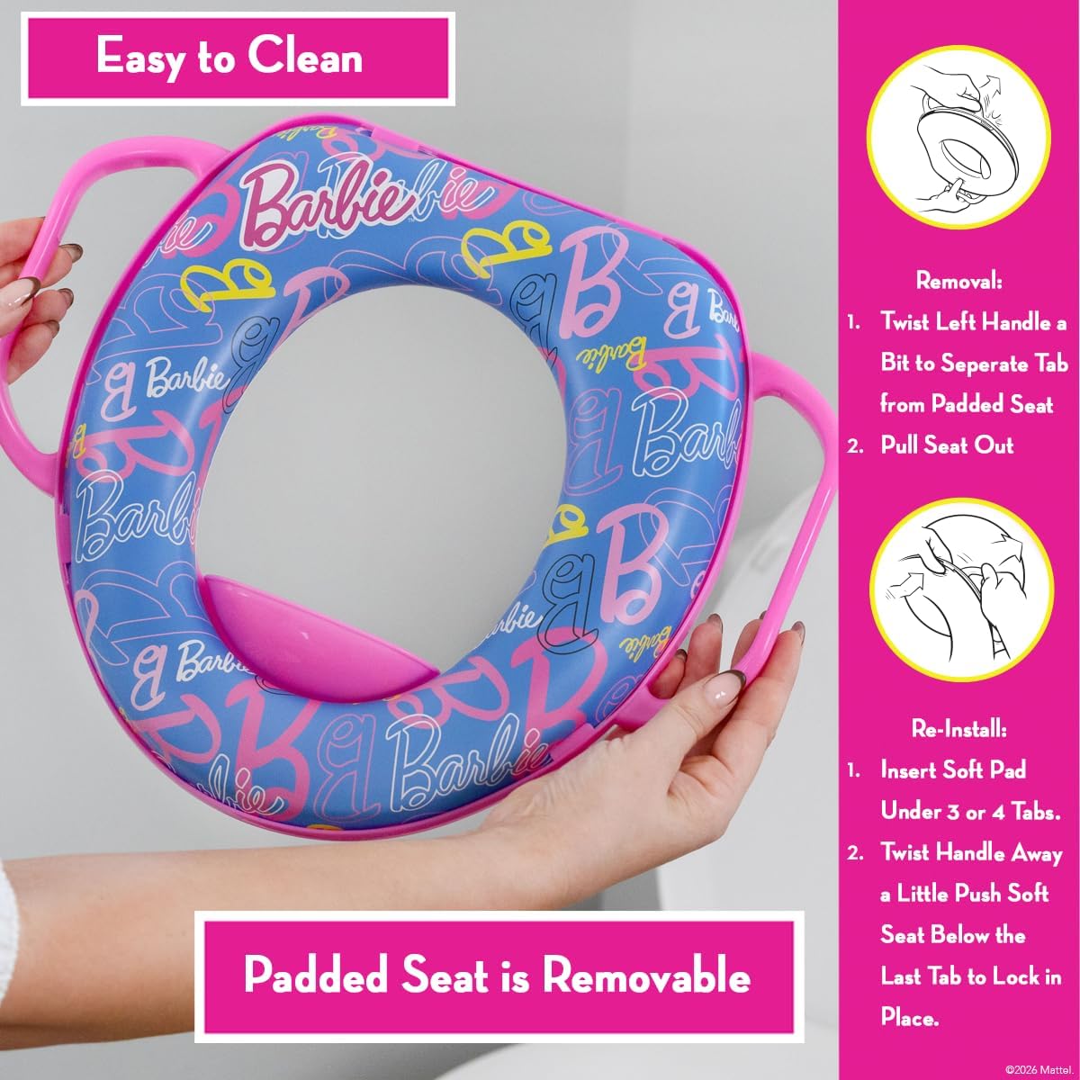 Barbie™ Soft Potty Training Seat for Toilet with Storage Hook, Cushioned Non-Slip Potty Ring with Splash Guard, Built-in Handles for Toddlers, Pink & Blue Barbie Theme