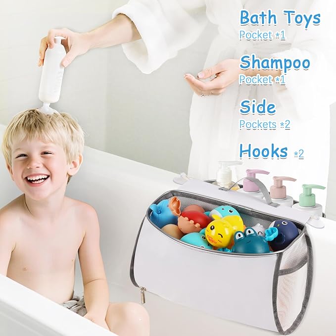 Saddle Shape Bath Toy Organizer, 2 Compartments Wide Opening Mesh Bath Tub Toy Storage for Easy Access to Toys, Side Pockets & Bottom Zipper Design, Quick Drying Toy Holder for Tub (Gray)