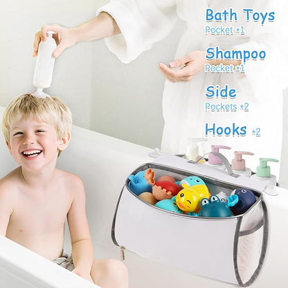 Saddle Shape Bath Toy Organizer, 2 Compartments Wide Opening Mesh Bath Tub Toy Storage for Easy Access to Toys, Side Pockets & Bottom Zipper Design, Quick Drying Toy Holder for Tub (Gray)