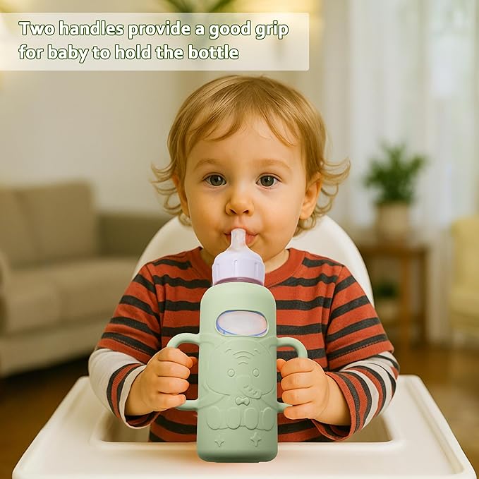 KingKam 4 Pack Silicone Sleeves for Dr. Brown's Glass Baby Bottles, Drop Protection Bottle Sleeves with Handles, Compatible with Dr. Brown's Anti-Colic Options+ Narrow Glass Baby Bottles, 8 oz/250 mL