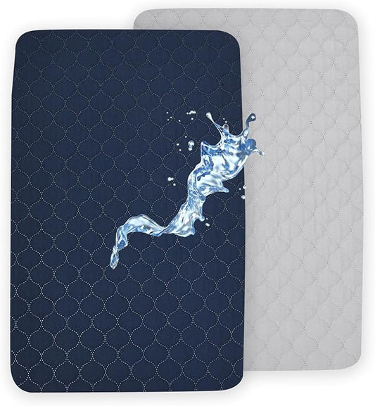 david's kids 2 Pack 38''x25'' Waterproof Mini Crib Mattress Protector, Fitted Pack N Play, Playard and Mini Crib Mattresses, Ultra Soft Breathable Pad Cover for Boys Girls Neutral, Grey & Navy Blue