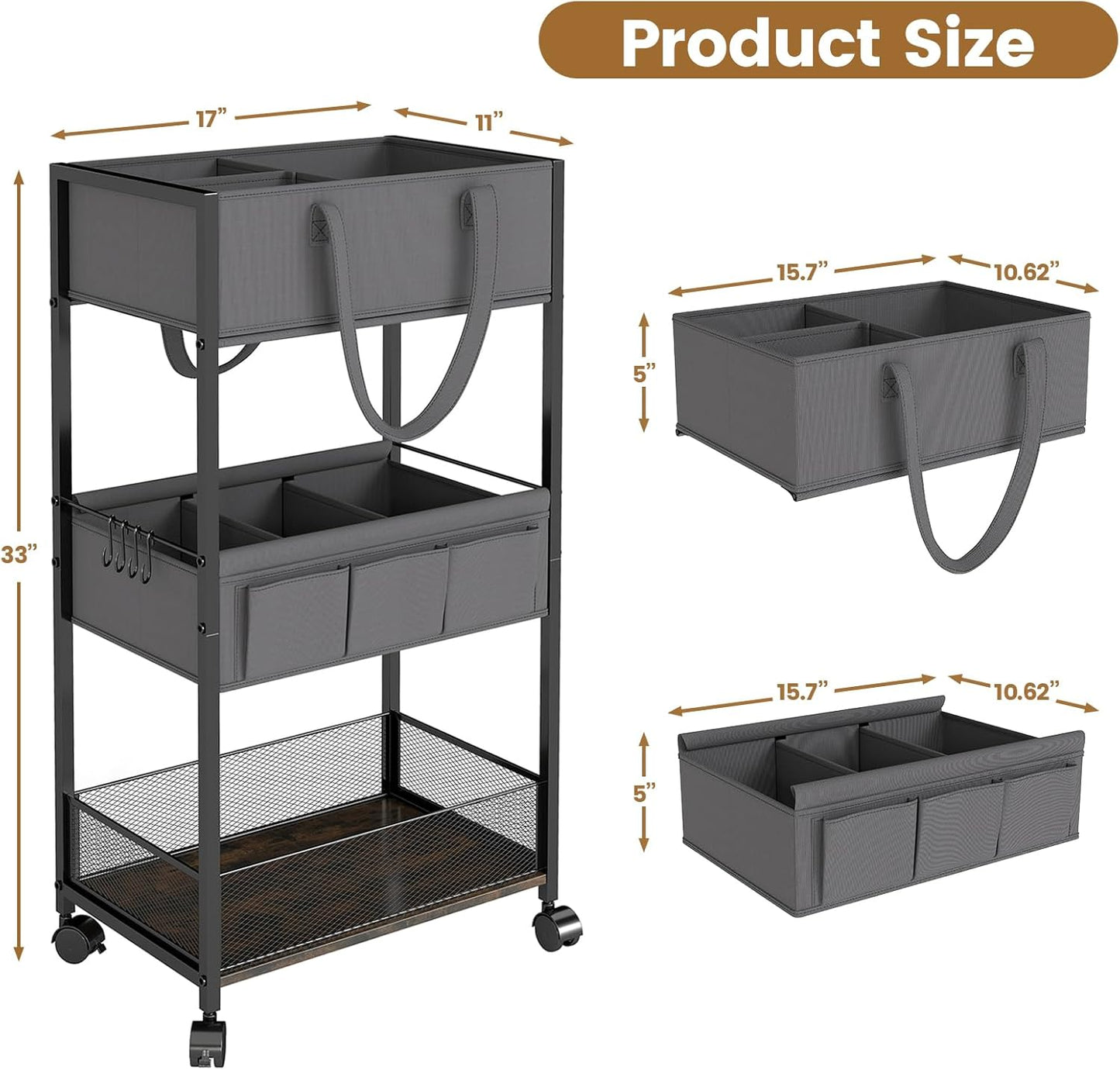 Diaper Caddy Organizer and Storage, 3-Tier Baby Storage Organizers with 2+2 Dividers, Large Capacity Diaper Rolling Cart for Nursery, Diaper Caddy Cart for Crib, Bedroom, Bathroom