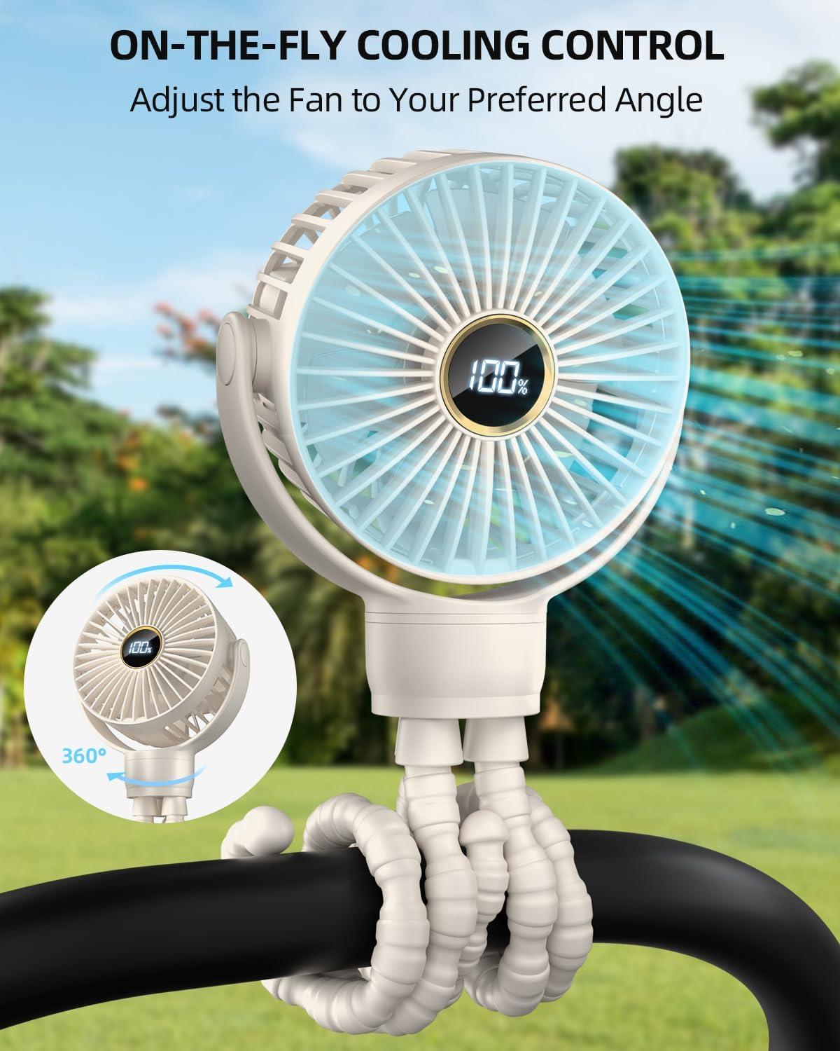 Portable Stroller Mini Fan, Small Rechargeable Personal Fan, Baby Travel Essentials for Wagon, Car Seat, Treadmill, Battery Powered Biking Gear Accessories, 360° Rotation, 3-Speed, Display, Black